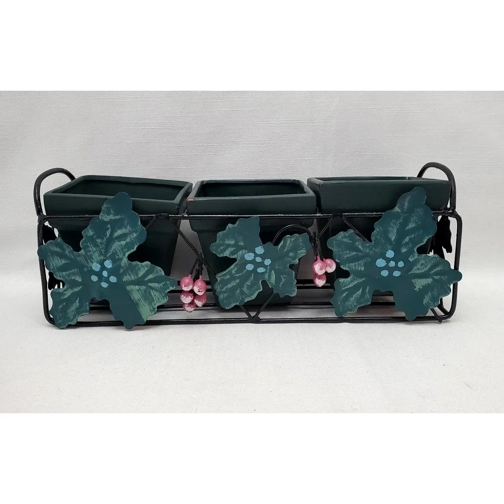 Vintage Square 3 Green Clay Pots With Metal Ivy‎ Leaves Planter Rack 11